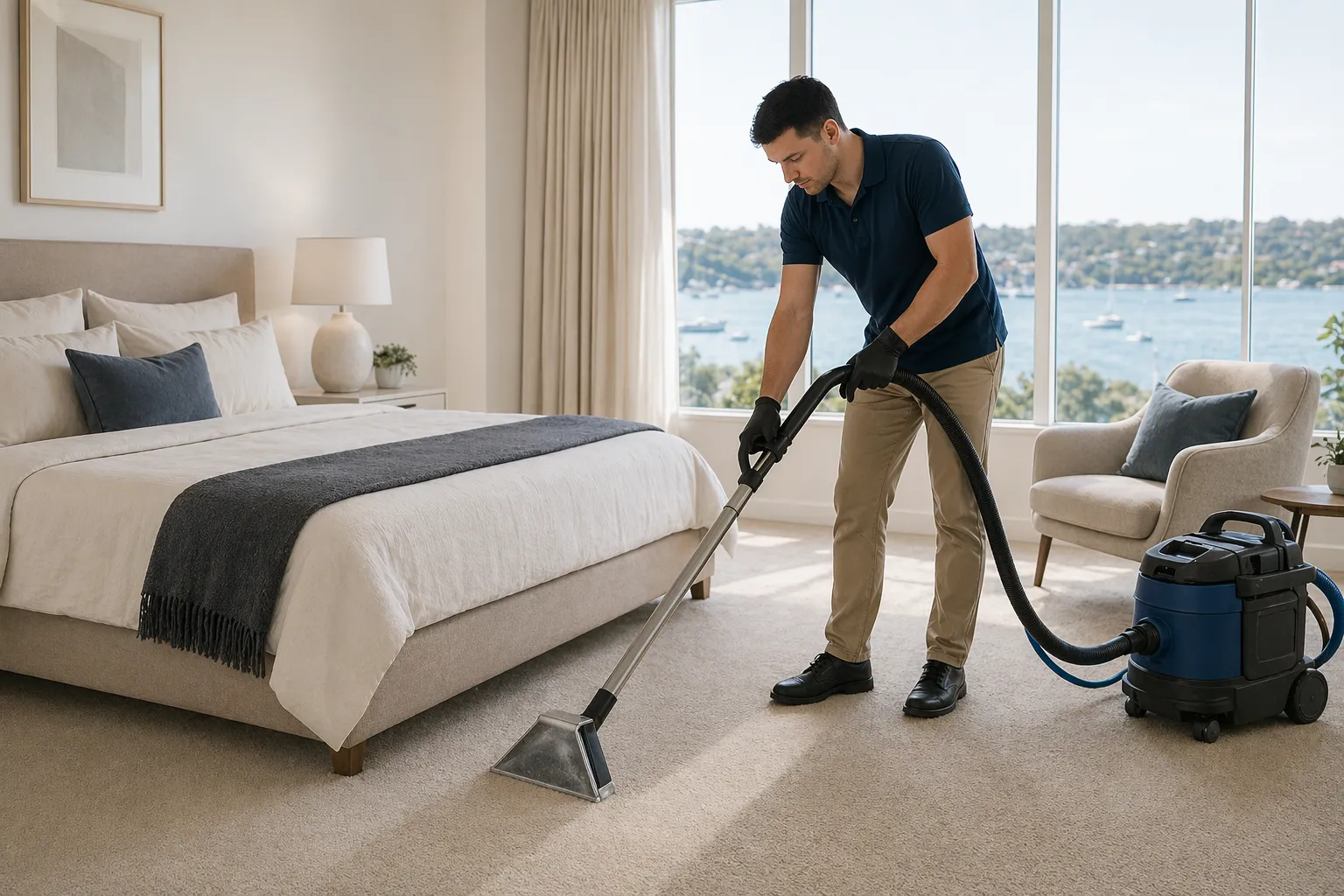 Cleaner using a carpet extraction wand in a residential living room