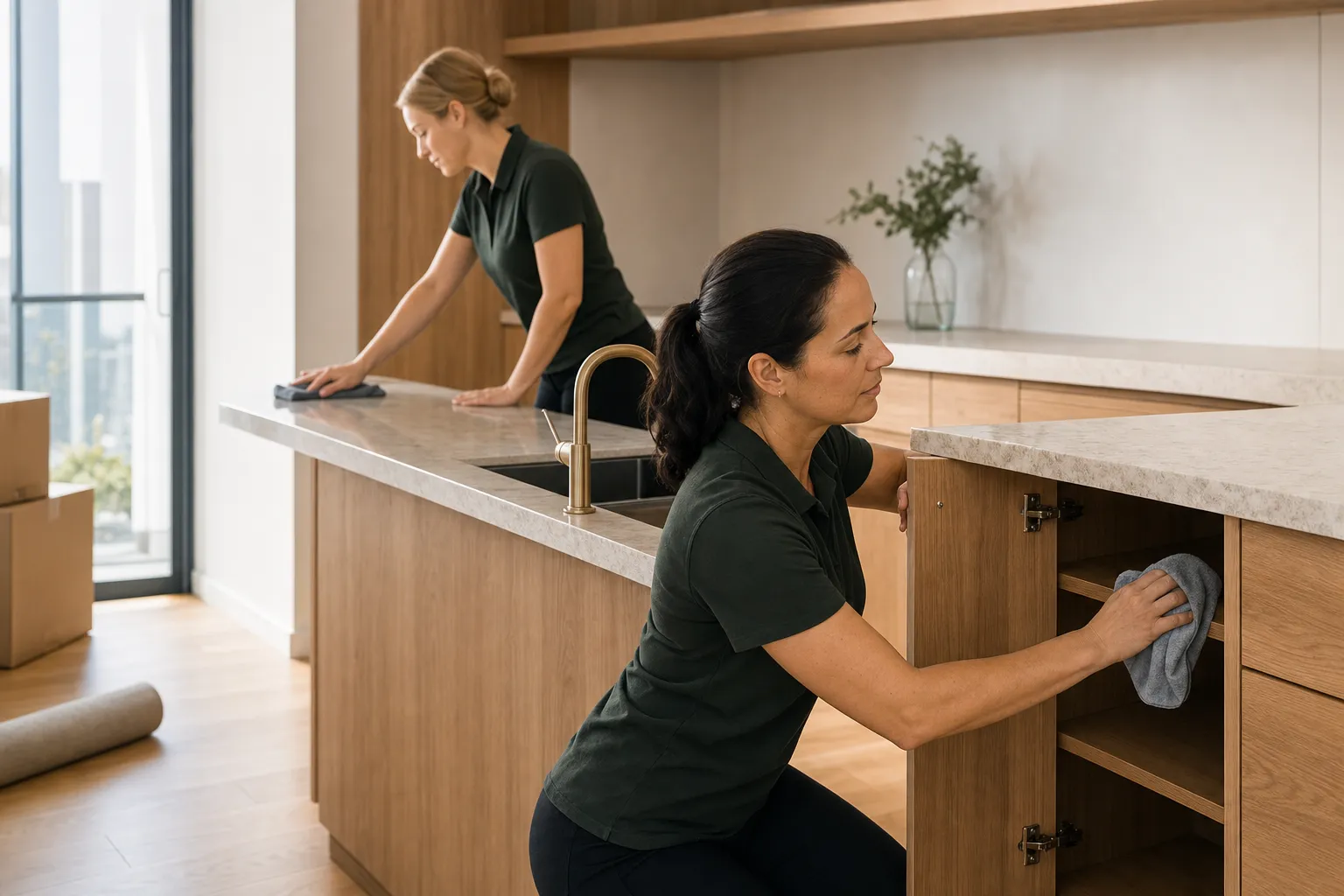 Two cleaners completing an end of lease clean in an empty timber kitchen