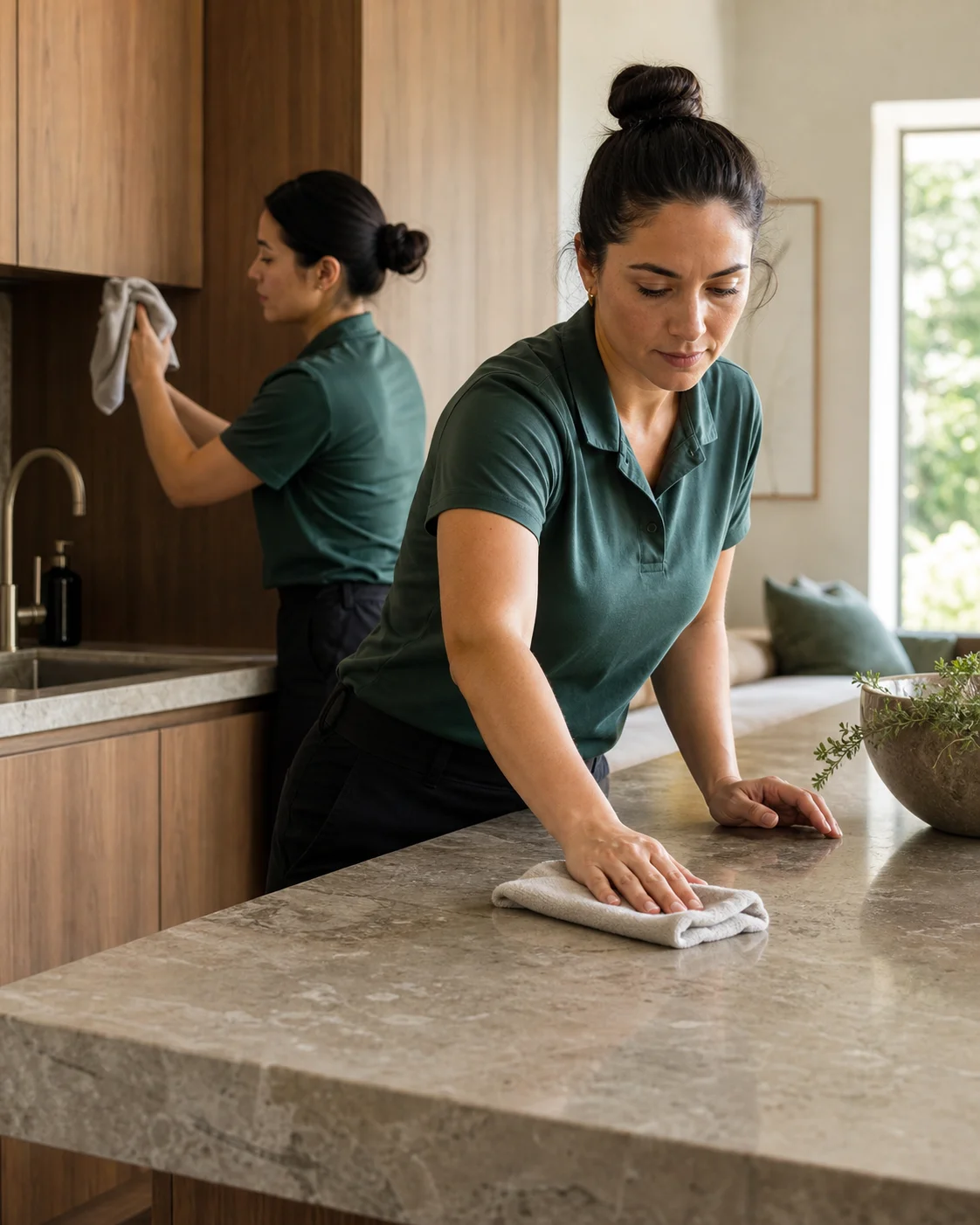 Two uniformed cleaners working on stone and timber surfaces in a private home