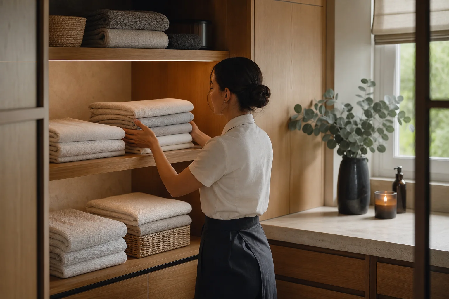 Household helper carefully arranging folded linens in warm timber storage
