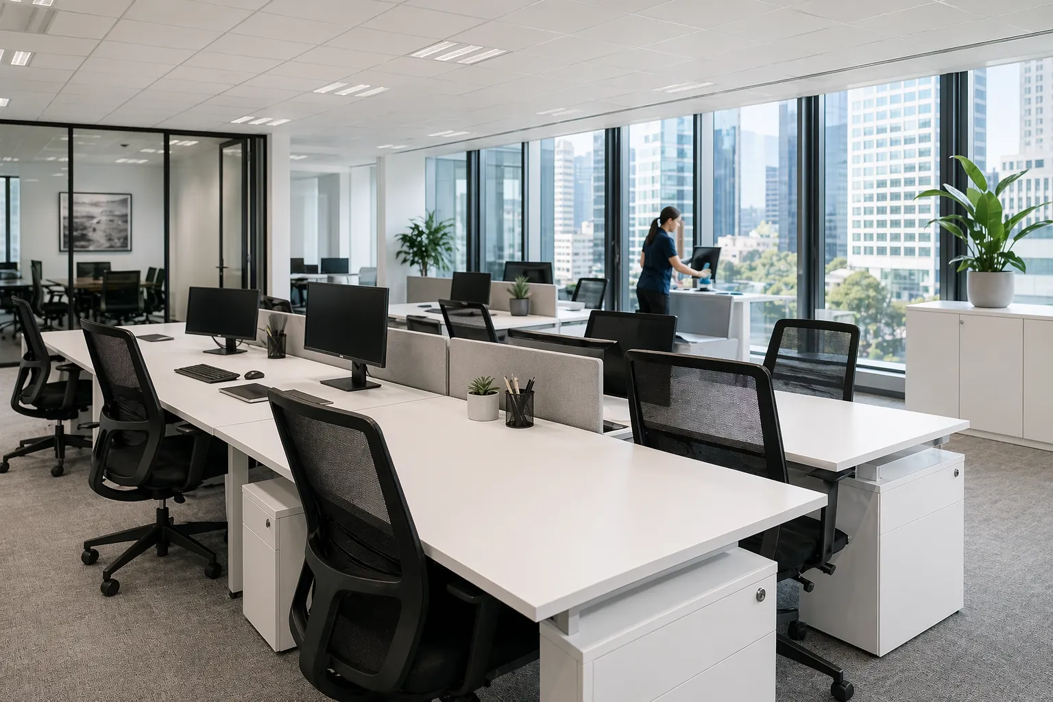 Bright modern office with desks, chairs, windows and shelving