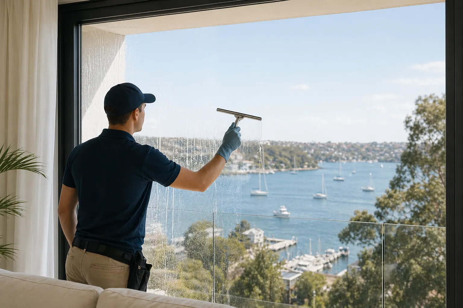 Cleaner using a squeegee on the inside of a residential window