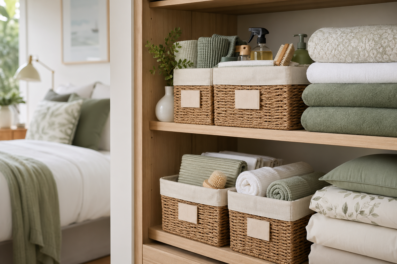 Organised linen shelves representing home organising and home help