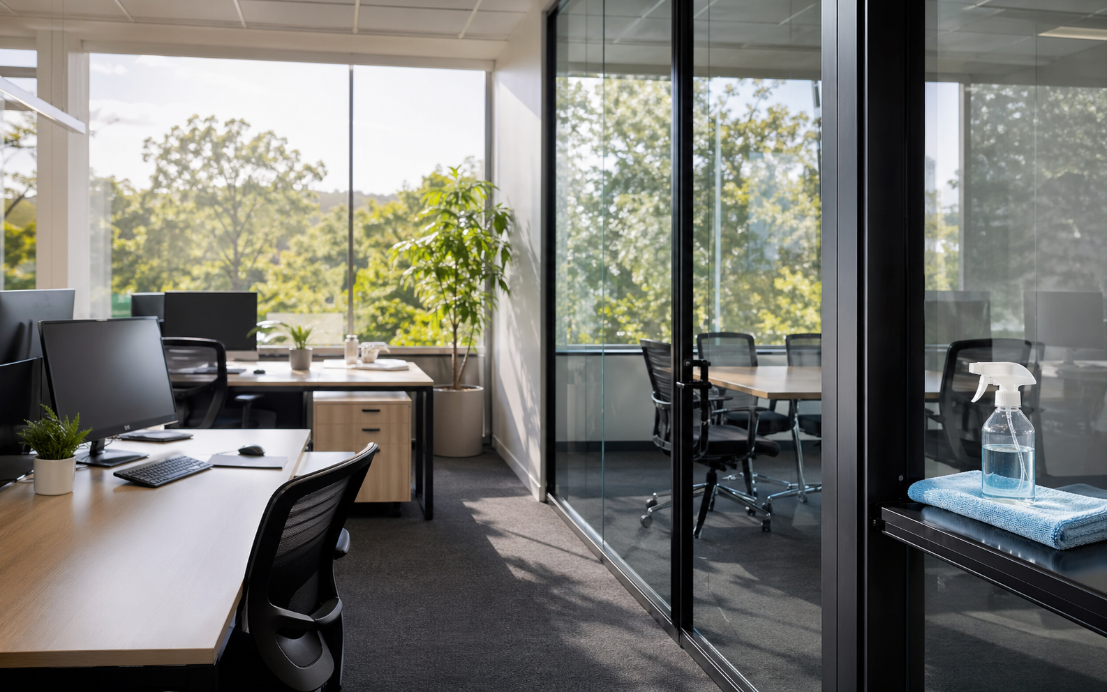 Freshly cleaned boutique office with streak-free windows